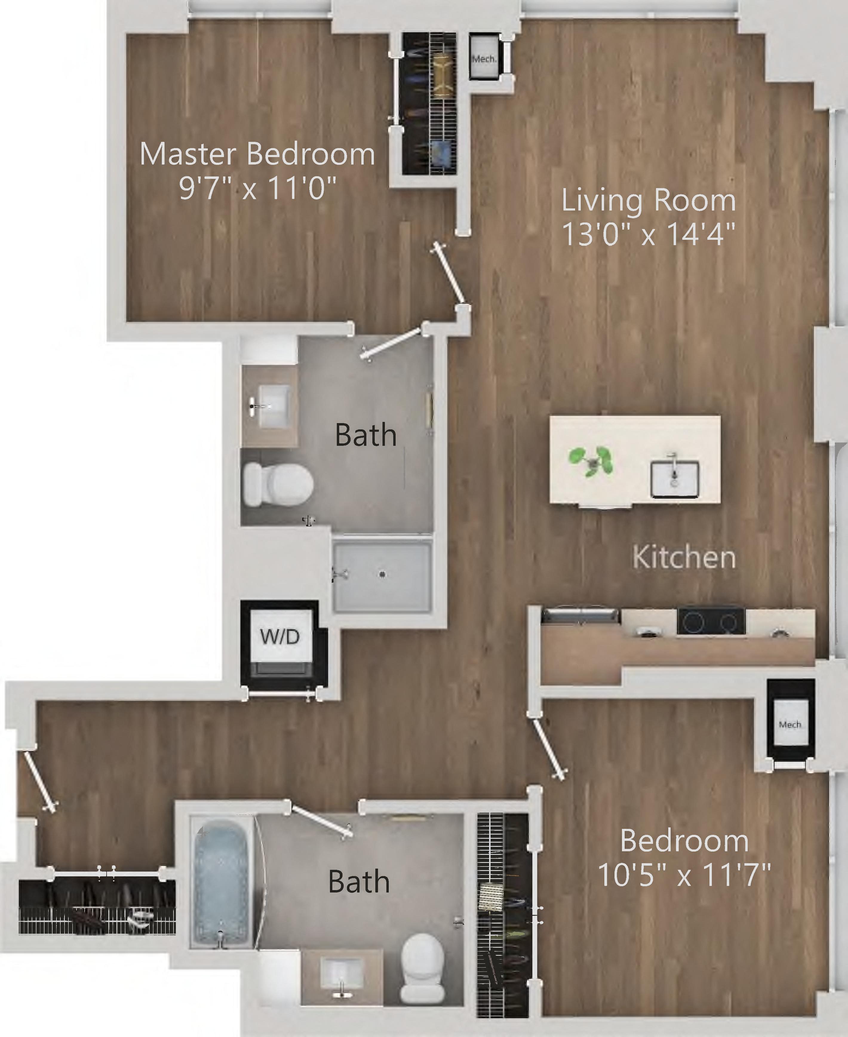 Floor plan for 2 beds, 2 baths, 929 sqft